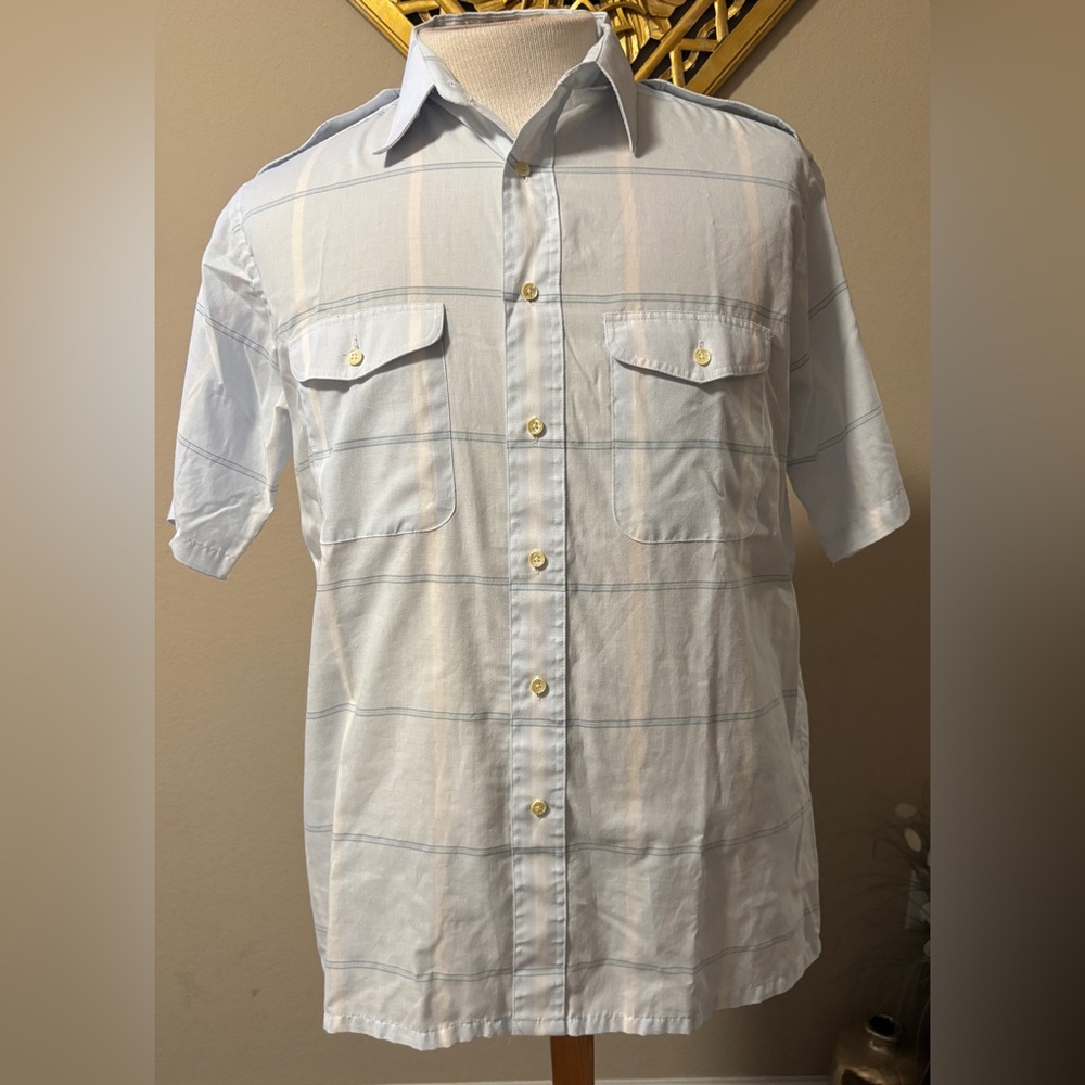Vintage Christian Dior Light Blue Plaid Button Up Shirt Short-Sleeve Men's Large